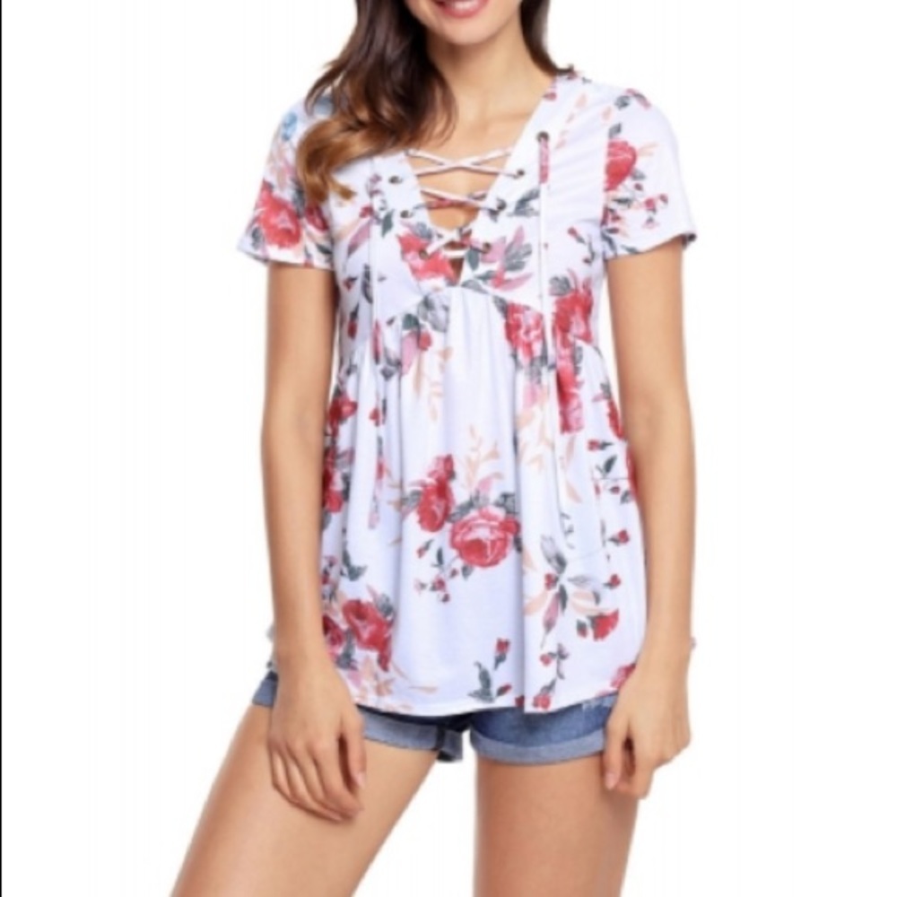 White Floral Lace Up V Neck Top